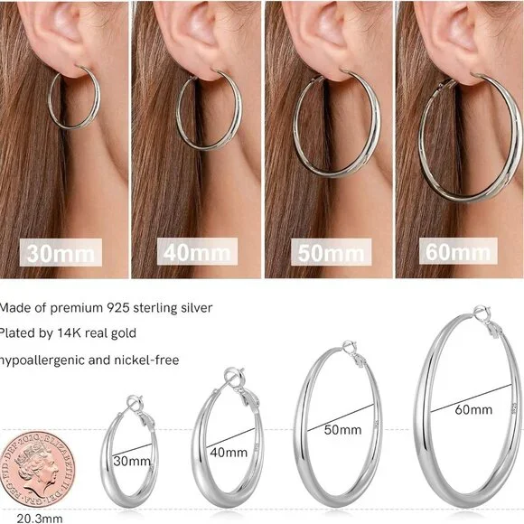 Sterling Silver Hoop Earrings - Hypoallergenic, Lightweight, Chunky, 14K Real Go - Picture 2 of 5